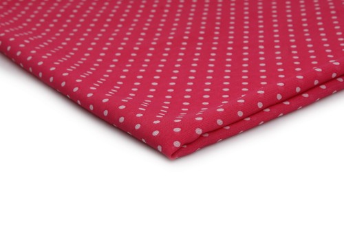 tkanina szyfon drukowany malinowy w białe drobne kropki