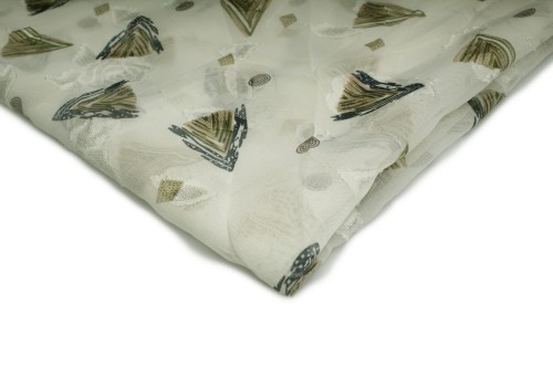 tkanina szyfon drukowany ecru w oliwkowo szare trójkąty