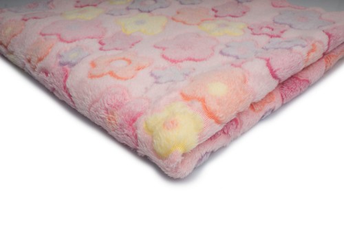 dzianina minky plusz drukowany 3D jasny róz w kolorowe kwiatki