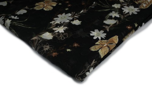tkanina szyfon drukowany czarny w białe i złote kwiatki