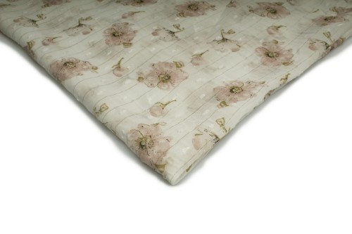 tkanina szyfon drukowany ecru w różowe kwiaty